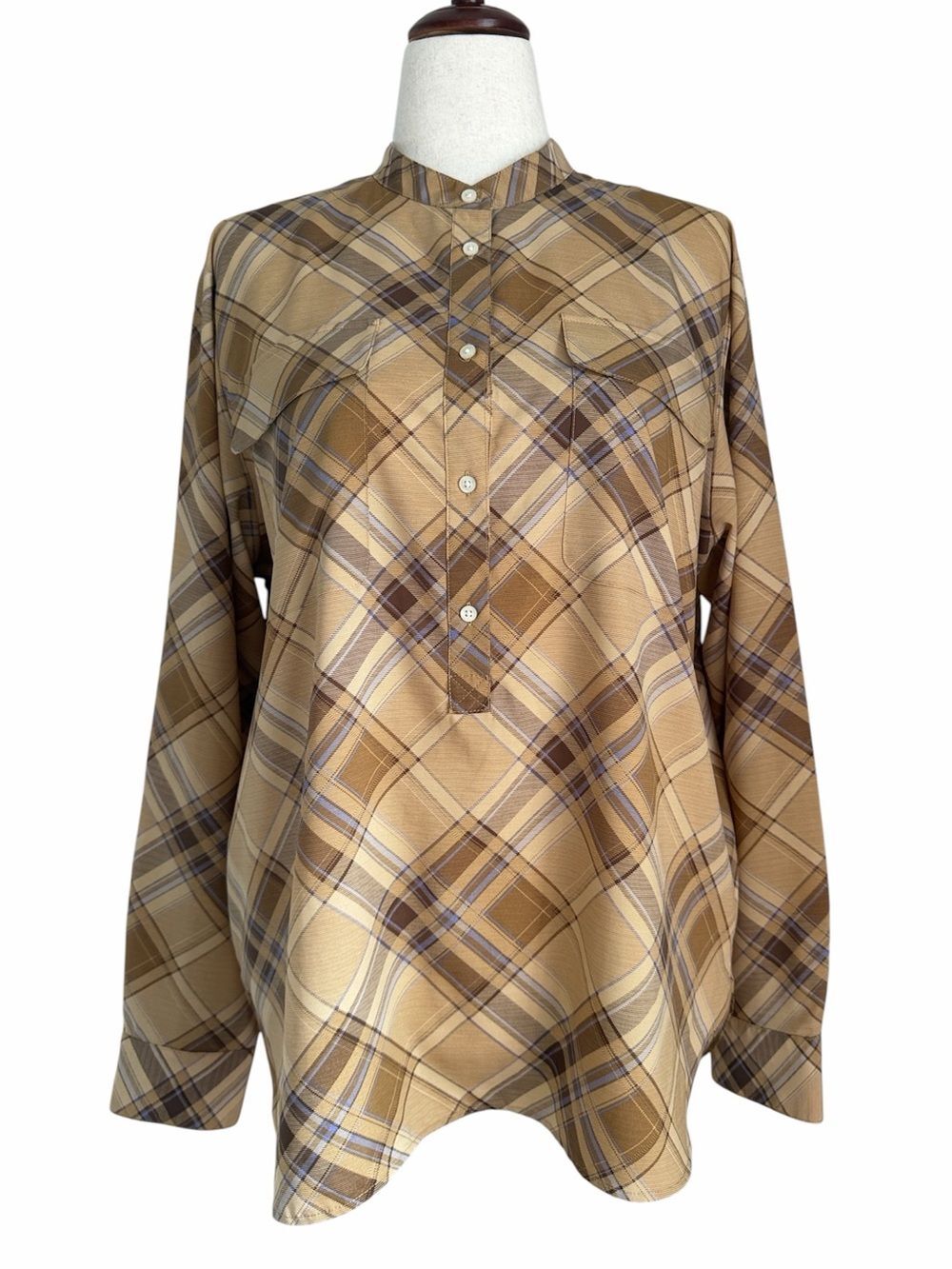 Lauren Ralph Lauren Womens XL Brown Plaid Crepe Tunic Shirt Mandarin Collar